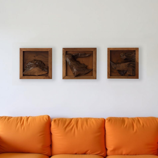 Teak Wall Art Trio – Natural Wood Texture Set (Set of 3)
