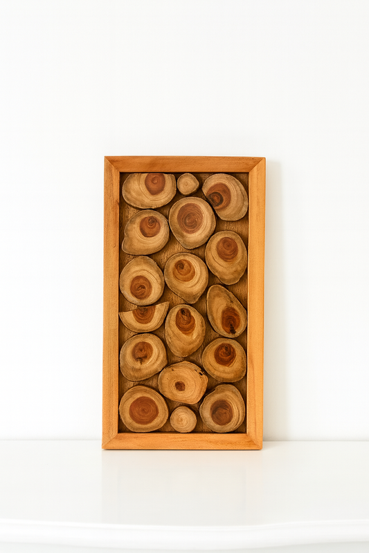 Framed Teak Cross-Section Wall Art – Organic Circle Composition