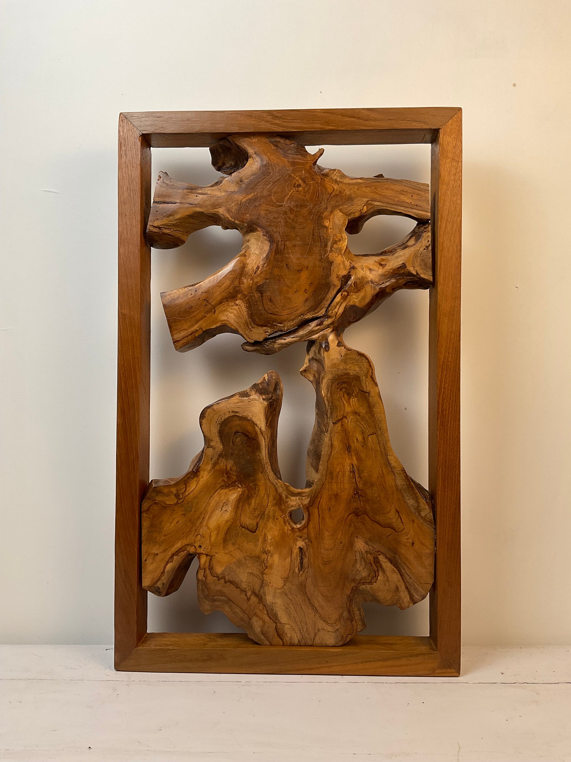 teak wall art, framed wood sculpture, natural wood wall decor, teak root wall hanging, unique wood wall piece, sculptural teak decor