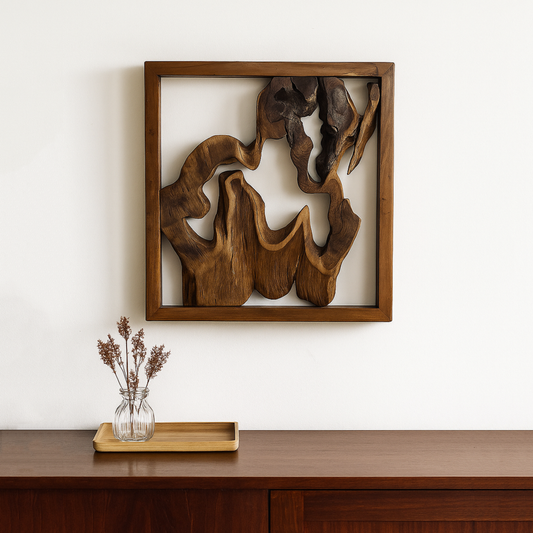 Framed Teak Root Wall Sculpture – Abstract Organic Art