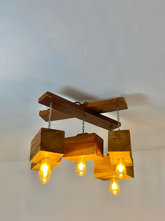 Bold Teak Block Ceiling Lamp – Handmade Wood Statement Light