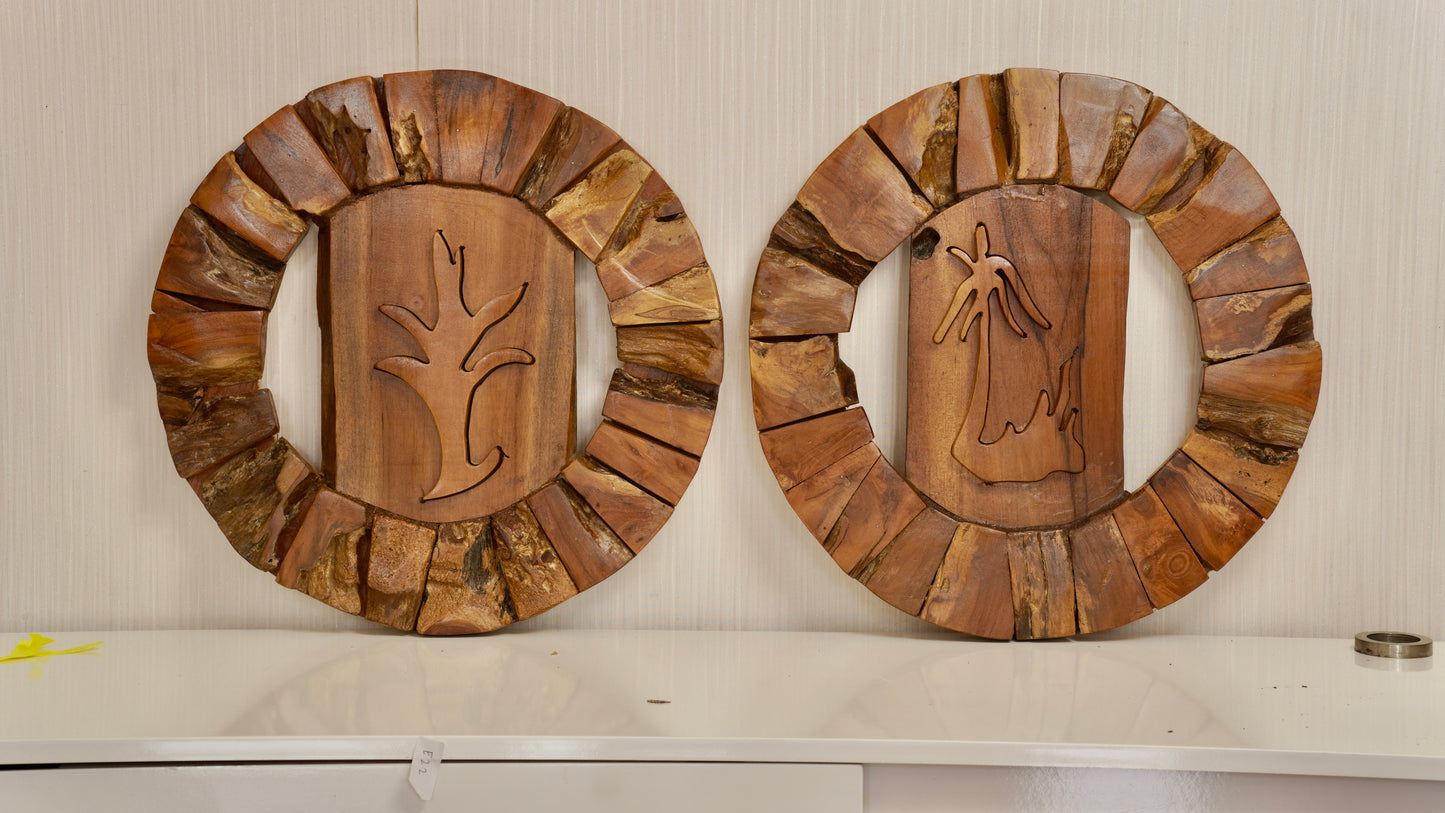Organic Teak Round Wall Sculpture – Carved Botanical Silhouette