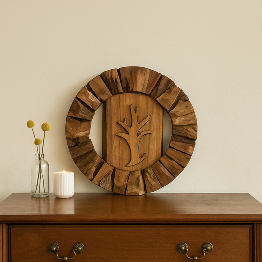 Organic Teak Round Wall Sculpture – Carved Botanical Silhouette