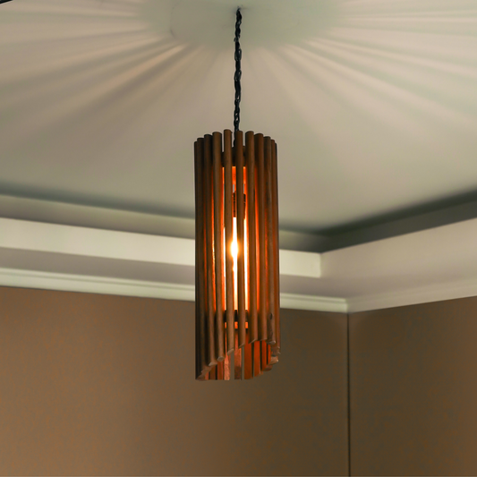 Vertical Slatted Teak Pendant Light