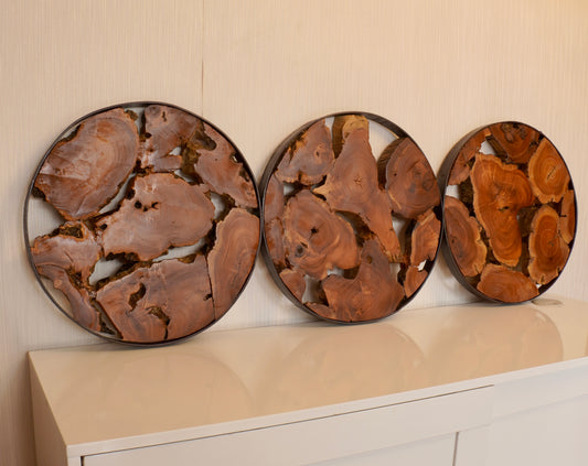 Round Teak Root Wall Art – Organic Wood in Black Metal Frame
