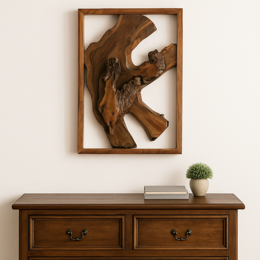 Vertical Framed Teak Root Art – Organic Statement Wall Piece