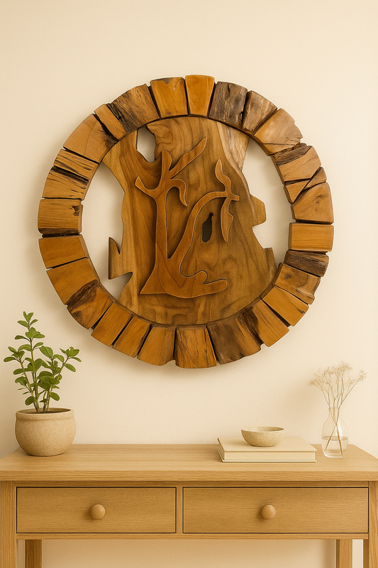 Oversized round teak wood wall sculpture with hand-carved botanical design. A striking natural wood art piece for bold, elegant, gallery-inspired interiors.