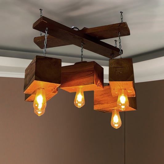 Bold Teak Block Ceiling Lamp – Handmade Wood Statement Light