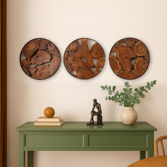 Round Teak Root Wall Art – Organic Wood in Black Metal Frame