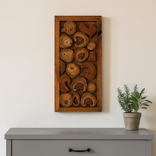 Framed Teak Cross-Section Wall Art – Organic Circle Composition