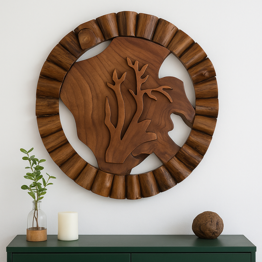 Large Round Teak Wood Wall Sculpture – Botanical Carved Decor