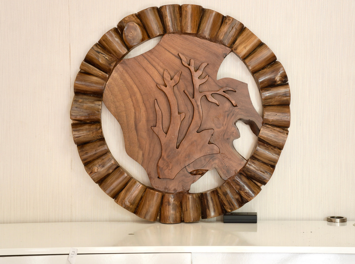 Large Round Teak Wood Wall Sculpture – Botanical Carved Decor
