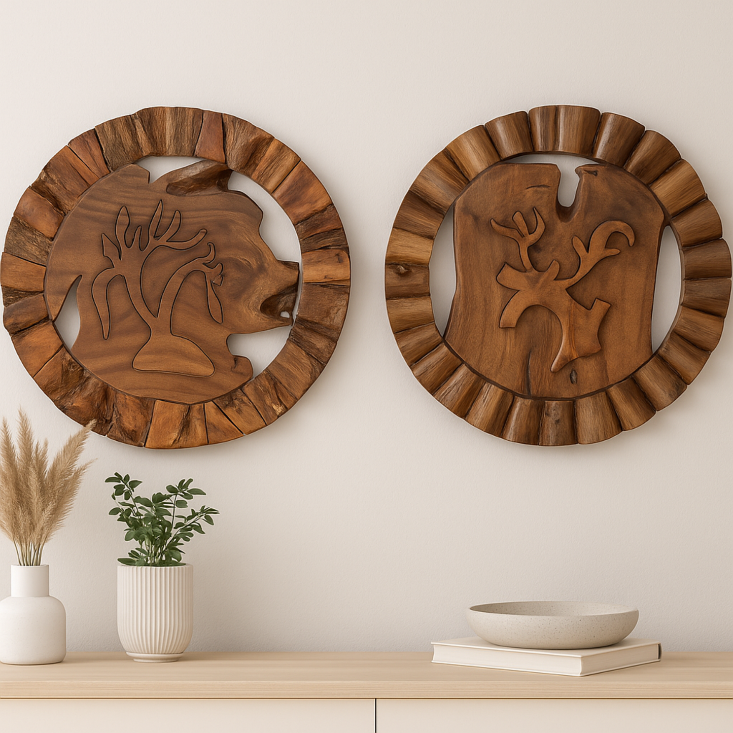 Large Round Teak Wood Wall Sculpture – Botanical Carved Decor