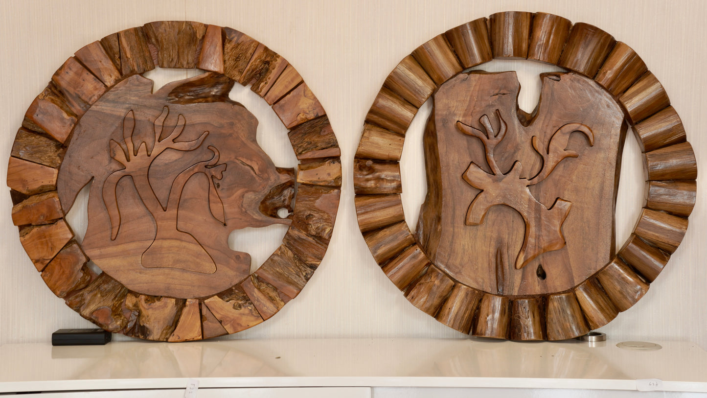 Large Round Teak Wood Wall Sculpture – Botanical Carved Decor