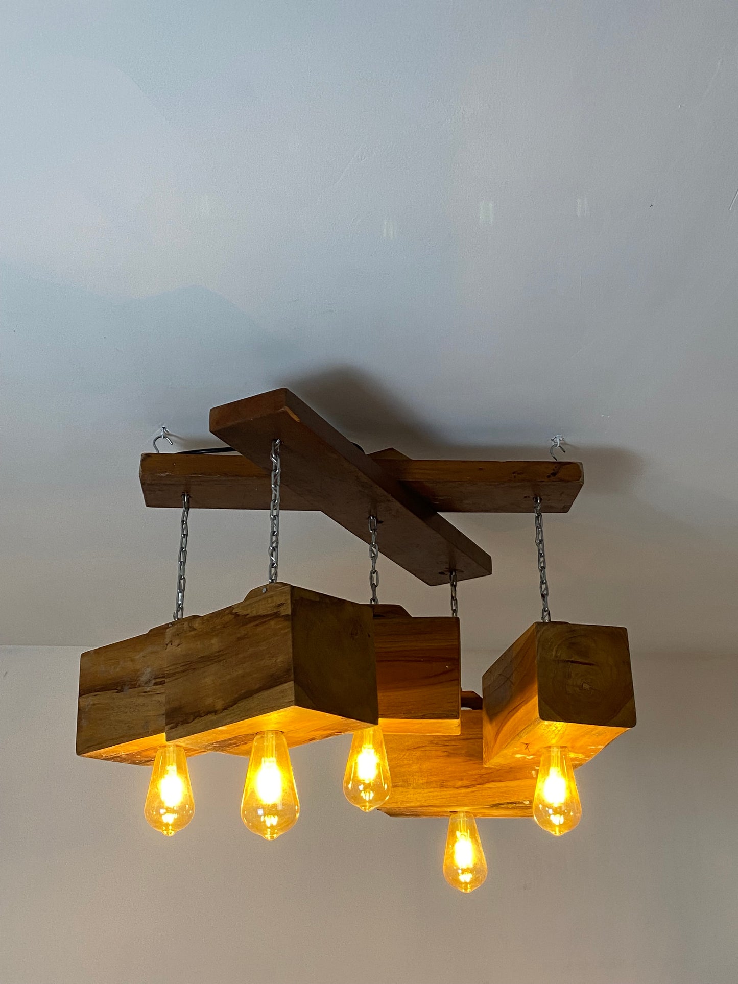 Bold Teak Block Ceiling Lamp – Handmade Wood Statement Light