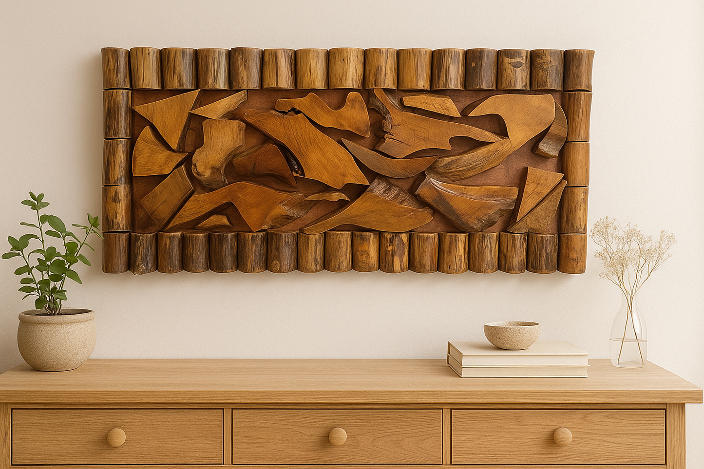 Modular Teak Wall Panel – Geometric Natural Art (Horizontal or Vertical)