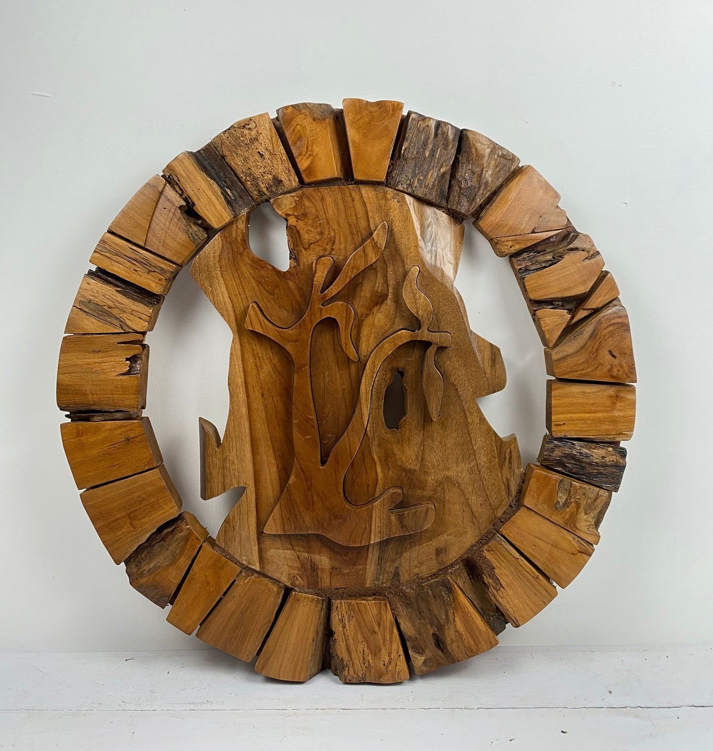 Large Round Teak Wood Wall Sculpture – Botanical Carved Decor