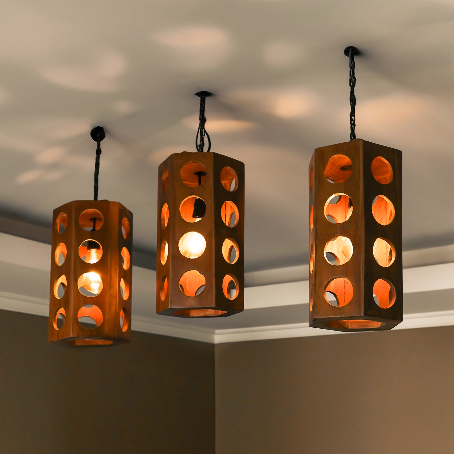 Teak Cylinder Pendant Light – Circle Cut Design