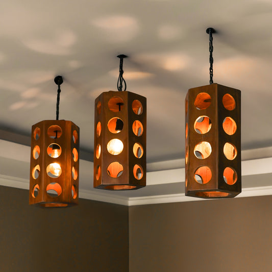 Teak Cylinder Pendant Light – Circle Cut Design