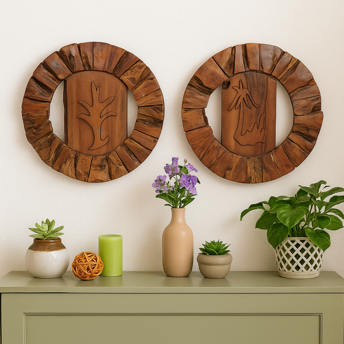Organic Teak Round Wall Sculpture – Carved Botanical Silhouette