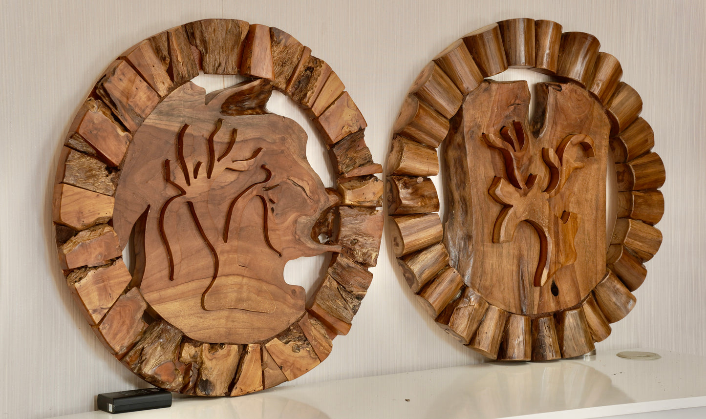 Large Round Teak Wood Wall Sculpture – Botanical Carved Decor